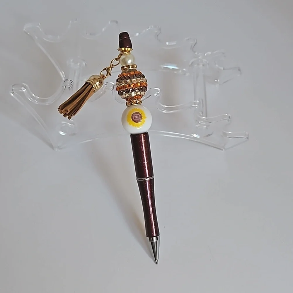 Hand Crafted 3-Set Pens Black Ink Beaded Fall Halloween Sunflower Harvest Design